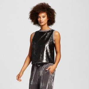 WHO WHAT WEAR Sequin Sleeveless Top - charcoal